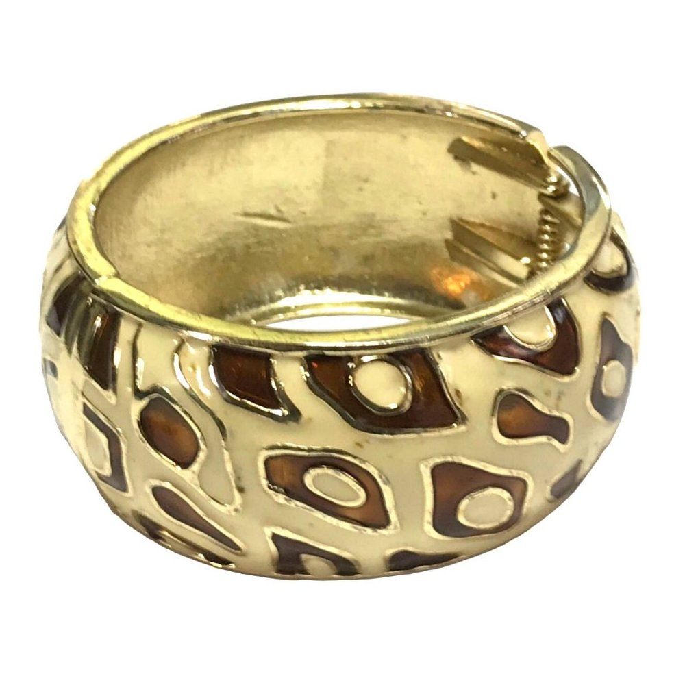 Wide Chunky Cheetah Leopard Enamel Gold Tone Metal Clamper Bracelet Brown Ivory - Picture 2 of 5